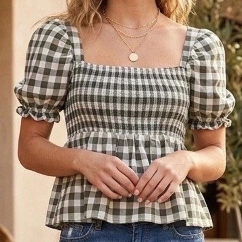 Dizzy Lizzy Gingham Smocked Peplum Top Green White XS Puff Sleeve Cottagecore